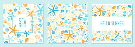Cute set of marine background with hand drawn shells and starfishesのイラスト素材