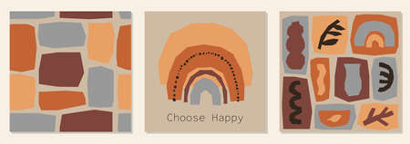 Every day motivation as set of creative trendy abstract collage backgrounds in minimal flat style with simple hand drawn shapes ideal for social media templates, neutral colors for your decorationのイラスト素材