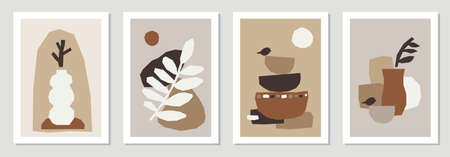 Set of minimal posters with abstract organic shapes composition in trendy contemporary collage styleのイラスト素材