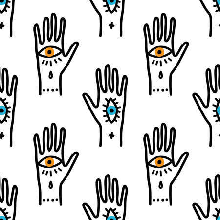 Trendy seamless pattern with hand drawn magic elements as hand with the eyeの素材 [FY310144355379]