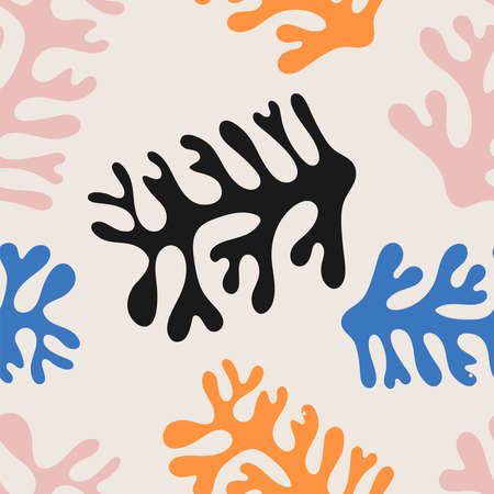 Trendy seamless pattern with abstract organic cut out Matisse inspired shapes in neutral colorsのイラスト素材