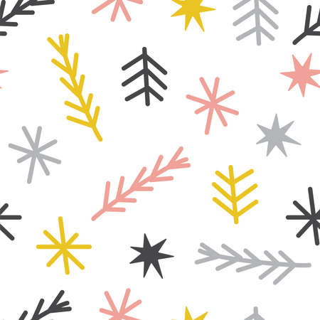 Cute Scandinavian Winter seamless background with hand drawn snowflakes and fir tree branchesのイラスト素材