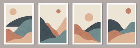 Set of trendy minimalist landscape abstract contemporary collage designsのイラスト素材