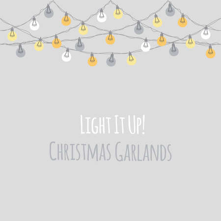 Cute vintage Christmas backround with hand drawn light bulb garlandsのイラスト素材