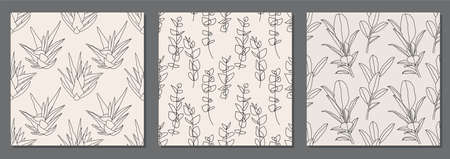 Set of trendy minimalist seamless botanical pattern with line art compositionのイラスト素材