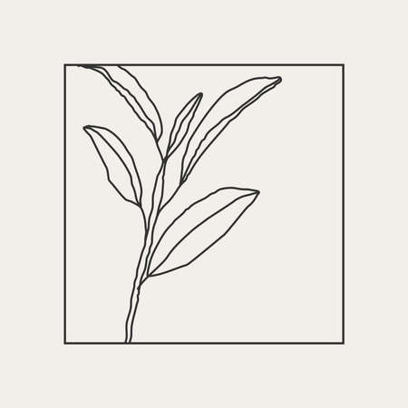 Trendy minimalist botanical vector illustration as abstract line art compositions with leaves, ideal for art gallery, modern wall art poster, minimal interior designのイラスト素材