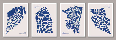 Abstract art with city map, set of minimalist posters ideal for wall decorationのイラスト素材