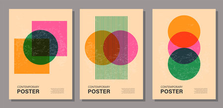 Set of trendy contemporary posters, risograph aesthetics, riso print effectのイラスト素材