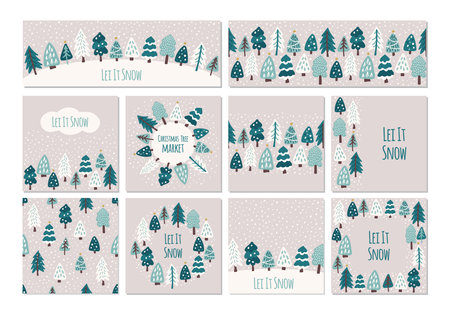 Cute set of Scandinavian Christmas Tree frame backgroundsのイラスト素材