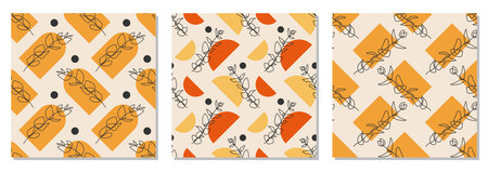 Set of minimalist  pattern with abstract leaf composition in trendy contemporary collage style