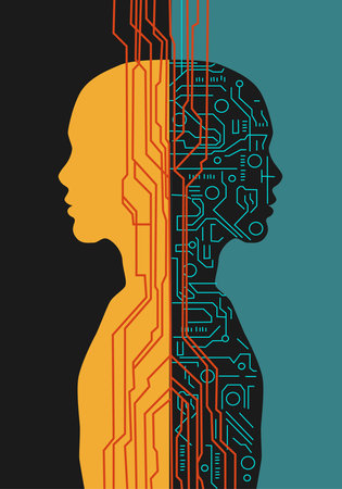 Split composition poster emotions versus artificial intelligence, organic warm side with human...