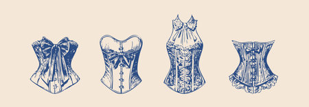 vintage rococo fashion illustrations, hand drawn engraving style, antique womens garments, corsets, blousesのイラスト素材