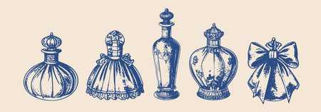 vintage rococo perfume bottle illustrations, hand drawn engraving styleのイラスト素材