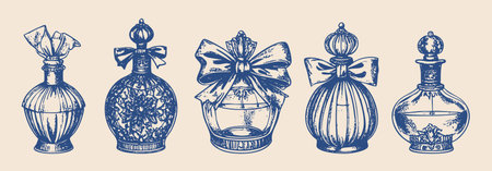vintage rococo perfume bottle illustrations, hand drawn engraving styleのイラスト素材