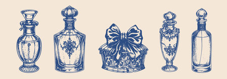 vintage rococo perfume bottle illustrations, hand drawn engraving styleのイラスト素材