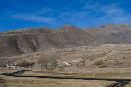 mountain landscape with low river and farm animals