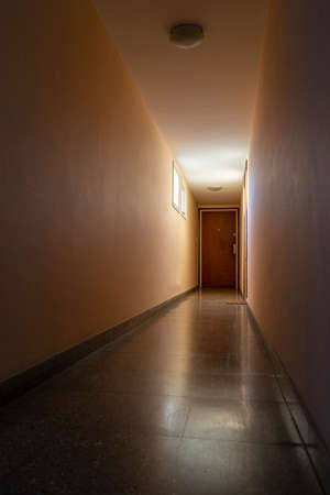 Sunlit hallway, with a brown door at the end.
