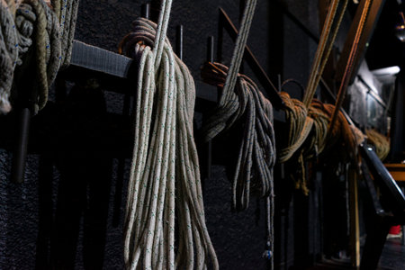 Ropes in a row in the old shipyard at night.の写真素材