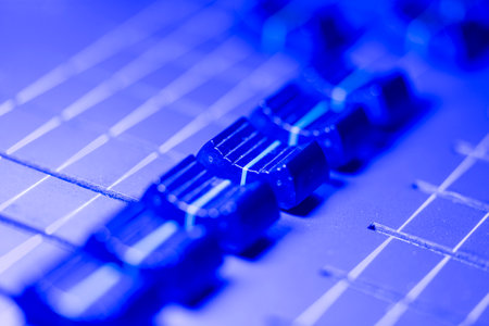 Close-up shot of a digital equalizer. Blue tonedの写真素材