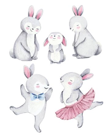 Hand painted watercolor illustration of cute rabbits family. Illustration isolated on white background. Animal character design for T-shirt, invitation, birthday cards.の写真素材