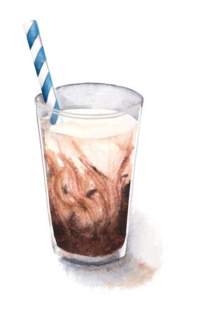 Hand painted watercolor coffee illustration. Drinks for cafe or coffeehouse menu. Illustration of gentle latte, sweet macchiato, espresso, coffee with milk and whipping creamの写真素材