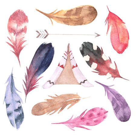 Hand drawn watercolor boho elements set. Boho style feathers, and teepee isolated illustration on white background. Boho design for T-shirt, invitation, wedding card. Rustic bohemian feathers.の写真素材