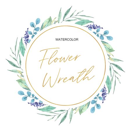 Hand drawn watercolor green leaves wreath with eucalyptus, lavender. Golden frame with flowersの写真素材