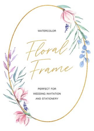 Hand drawn watercolor magnolia frame with green leaves. Golden frame, wedding invitation template, flowers, isolated on white background. Design for cards, posters, invitations. Botanical illustrationの写真素材