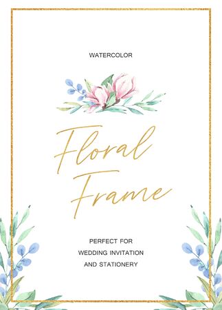 Hand drawn watercolor magnolia frame with green leaves. Golden frame, wedding invitation template, flowers, isolated on white background. Design for cards, posters, invitations. Botanical illustrationの写真素材