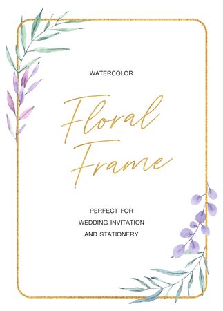 Hand drawn watercolor Leaves frame with green leaves. Golden frame, wedding invitation templateの写真素材