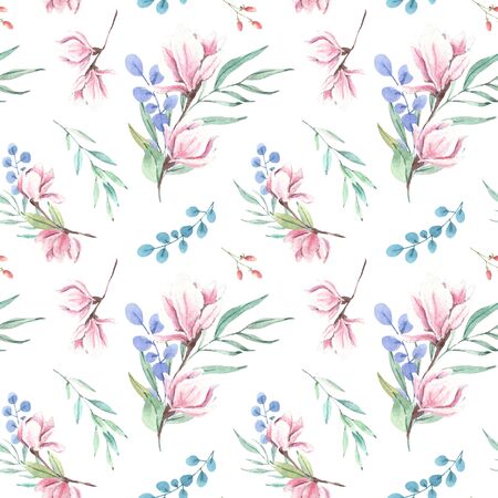 Hand drawn watercolor magnolia floral pattern. Watercolor flowers, illustration isolated on white background. Seamless pattern for invitations, cards, wrapping paper. Botanical illustration, leavesの写真素材