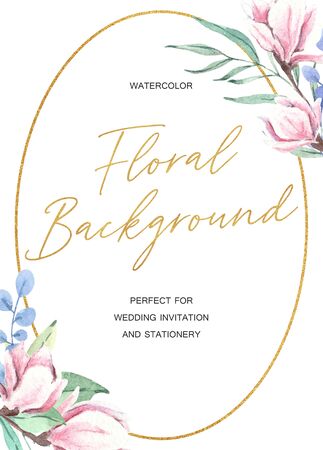 Hand drawn watercolor magnolia frame with green leaves. Golden frame, wedding invitation template, flowers, isolated on white background. Design for cards, posters, invitations. Botanical illustrationの写真素材