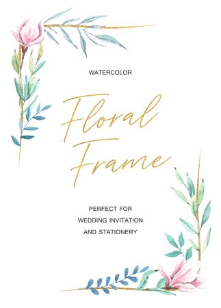Hand drawn watercolor magnolia frame with green leaves. Golden frame, wedding invitation template, flowers, isolated on white background. Design for cards, posters, invitations. Botanical illustrationの写真素材