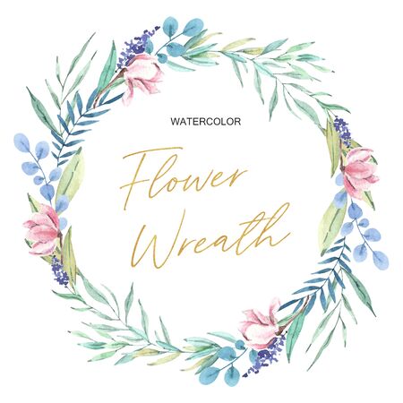 Hand drawn watercolor magnolias wreath with eucalyptus, lavender. Golden frame with flowersの写真素材