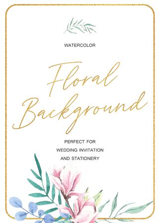 Hand drawn watercolor magnolia frame with green leaves. Golden frame, wedding invitation templateの写真素材