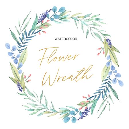 Hand drawn watercolor green leaves wreath with eucalyptus, lavender, berries Golden floral frame illustrationの写真素材