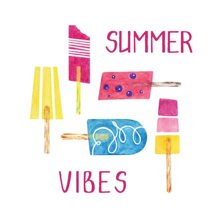 Hand drawn watercolor ice cream, illustration, ice cream set isolated on white backgroundの写真素材