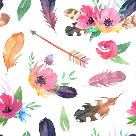 Hand drawn watercolor boho feathers and floral pattern. Watercolor feathers, flowers illustrationの写真素材