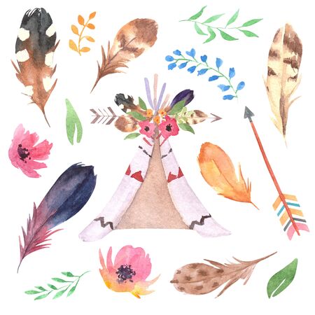 Hand drawn watercolor boho elements set. Boho style feathers, isolated illustration on white backgroundの写真素材