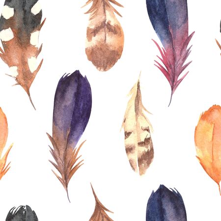 Hand drawn watercolor boho feathers pattern. Watercolor feathers, illustration isolated on white backgroundの写真素材