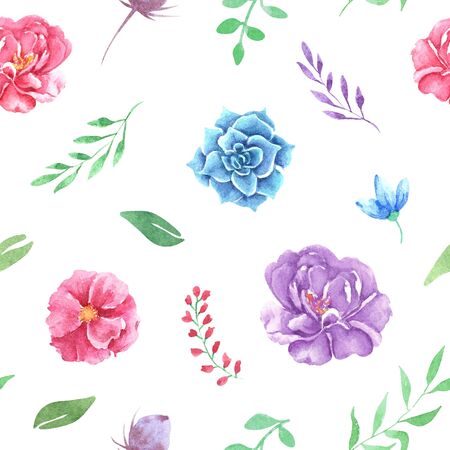 Hand drawn watercolor boho floral pattern. Watercolor flowers, illustration isolated on white backgroundの写真素材