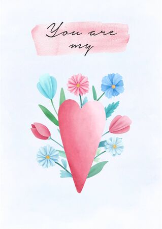 Hand drawn Valentines Day festive post card. Watercolor flowers, hearts, candies illustration on watercolor backgroundの写真素材