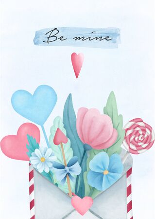 Hand drawn Valentines Day festive post card. Watercolor flowers, hearts, candies illustration on watercolor background.の写真素材