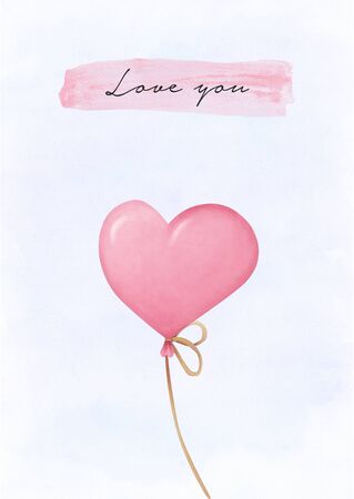 Hand drawn Valentine's Day festive post card. Watercolor heart balloon illustration on watercolor background. Handdrawn illustrations for invitations, cards, wrapping paper. Pre-made postcardの写真素材