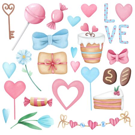 Hand drawn Valentines Day festive elements set. Watercolor flowers, hearts, sweets, gifts illustration isolatedの写真素材