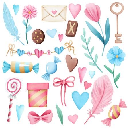 Hand drawn Valentines Day festive elements set. Watercolor flowers, hearts, candies illustration isolatedの写真素材