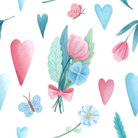 Hand drawn watercolor Valentines Day pattern. Watercolor flowers, hearts, butterflies, illustration isolatedの写真素材
