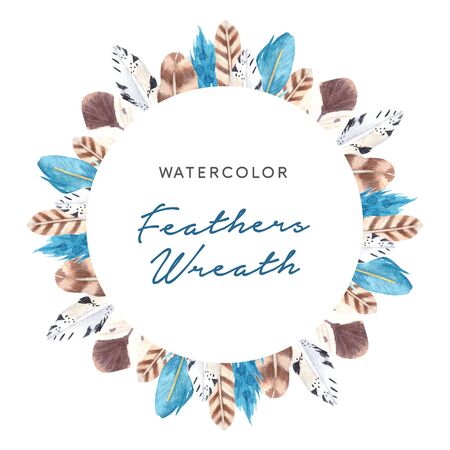 Hand drawn watercolor vibrant feathers round frameの写真素材