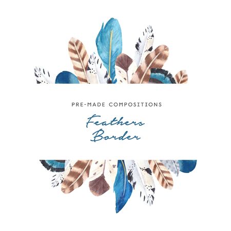 Hand drawn watercolor vibrant feathers bordersの写真素材