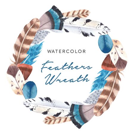 Hand drawn watercolor vibrant feathers wreathの写真素材